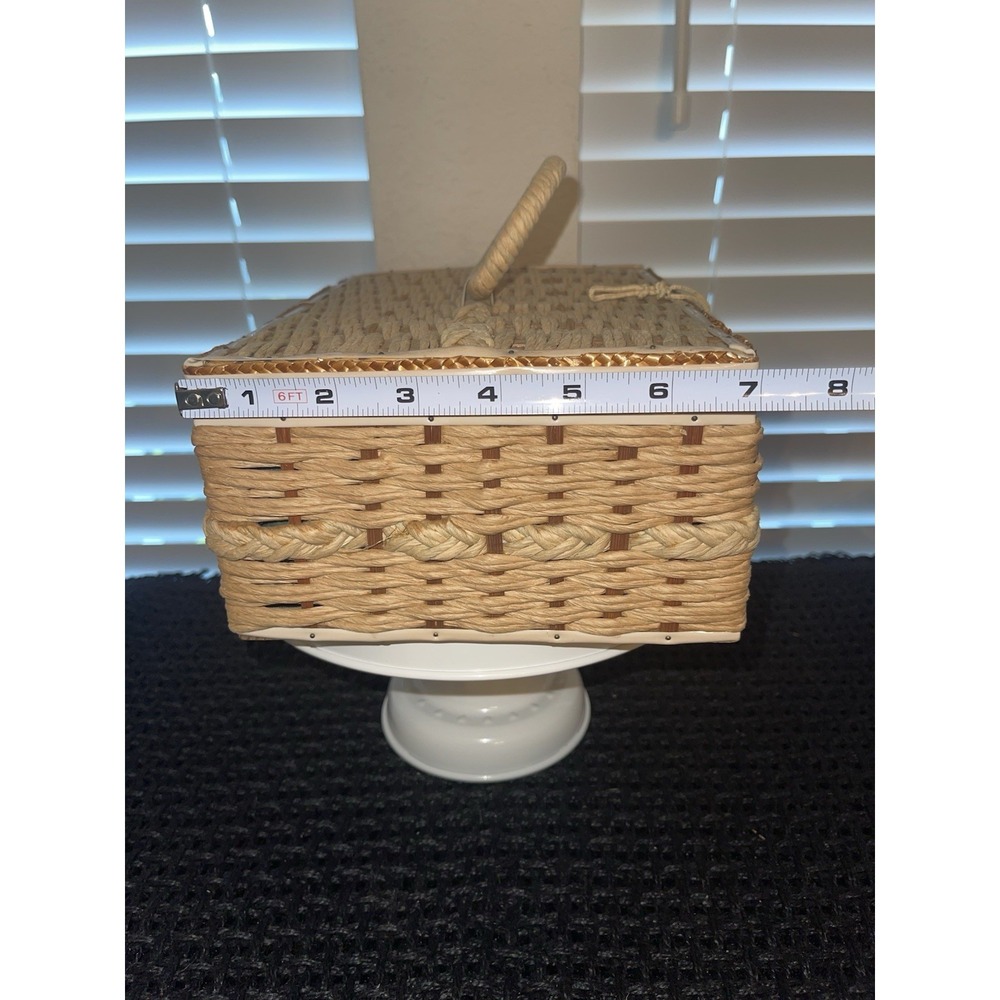 Vintage Wicker Woven Sewing Box Basket Green Satin Ratan 10" Green Tufted Lining - Picture 14 of 14